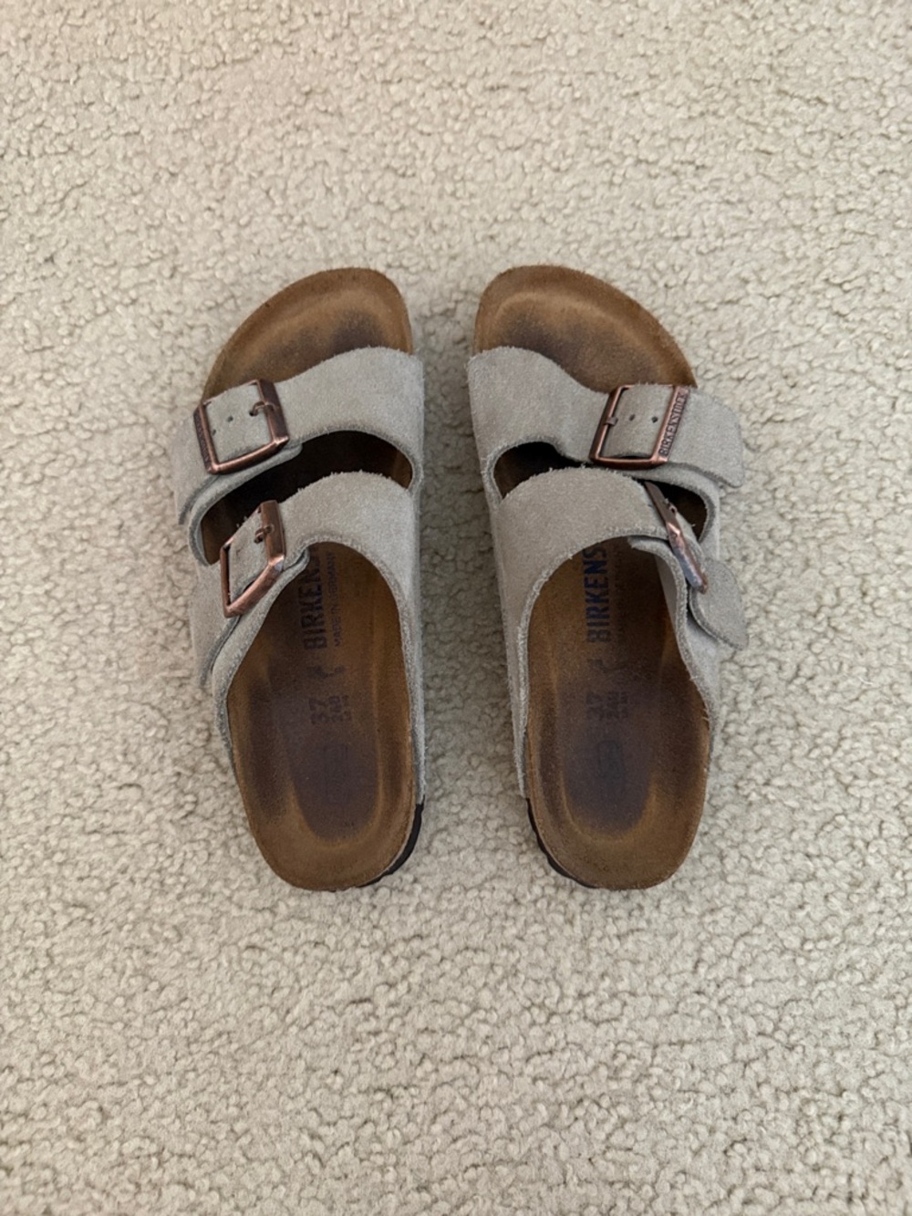 Birkenstock Arizona Suede Sandals in Light Gray with Copper Buckles